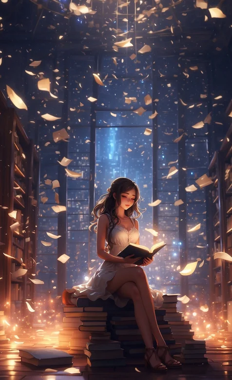 图书馆，灯光，漫天飞落的纸张，读书的裙装动漫女生手机壁纸图片 – 高清 桌面壁纸 开放版权素材 免费下载 手机电脑通-iPhone17-1