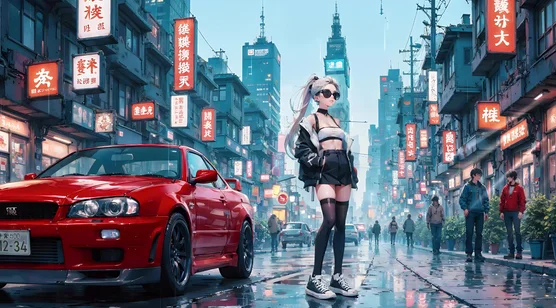 银发潮酷少女×红色性能车 赛博朋克日系雨夜街道 CG动态电脑壁纸 – 手机电