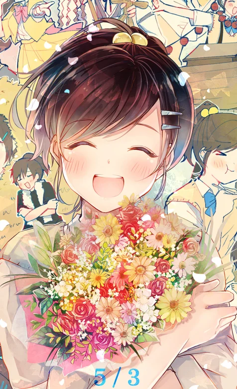 5/3生日快乐，抱着花开心过生日的动漫少女 – 高清 桌面壁纸 开放版权素材 免费下载 手机电脑通用背景图