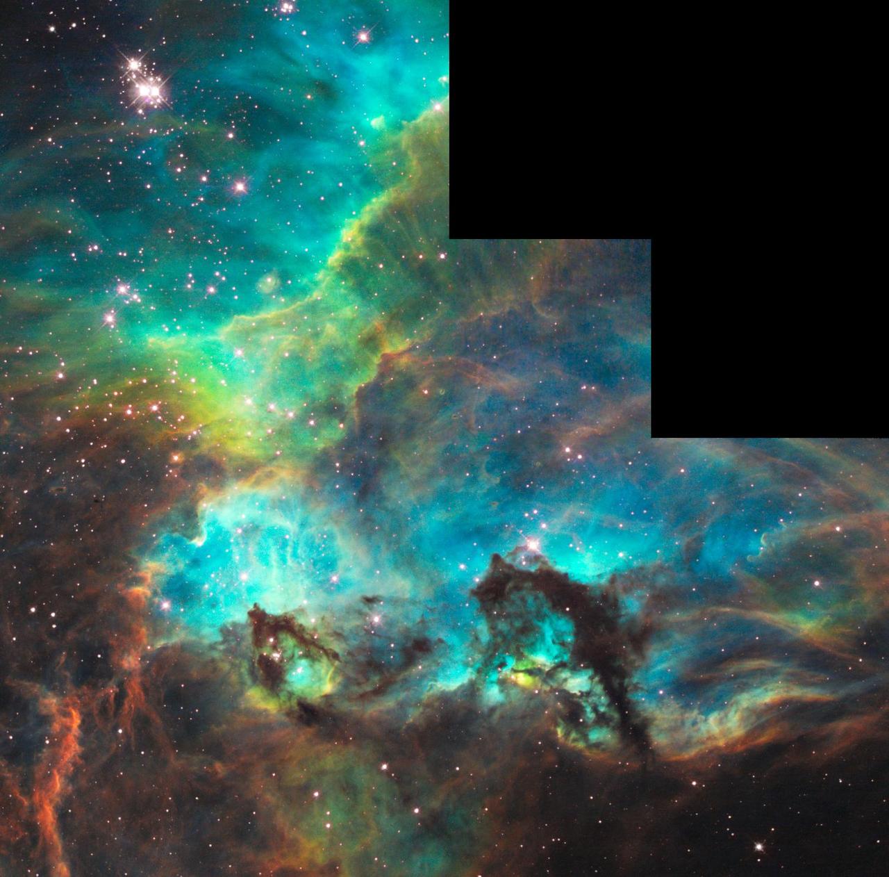Hubble Unveils Colorful and Turbulent Star Birth Region on