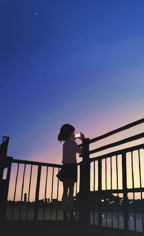 JK少女黄昏桥头栏杆拍日落·日系动漫风氛围感拉满 – 高清 桌面壁纸 开放版权素材 免费下载 手机电脑通用背景图