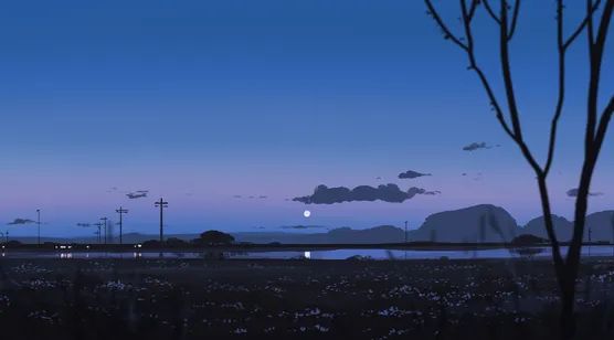 月夜田野湖泊·唯美日系动漫风 新海诚风桌面背景 – 高清 桌面壁纸 开放版权素材 免费下载 手机电脑通用背景图