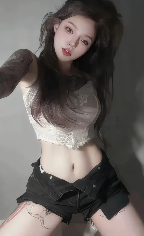 酷飒美女，张开双腿，半跪在地上纹身AI美女白衣短裤小蛮腰手机壁纸图片 – 高清 桌面壁纸 开放版权素材 免费下载 手