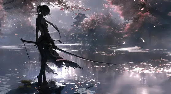 身姿矫健，女性武士，立于水中，身着黑色劲装，手挎长刀的AI美女插画壁纸