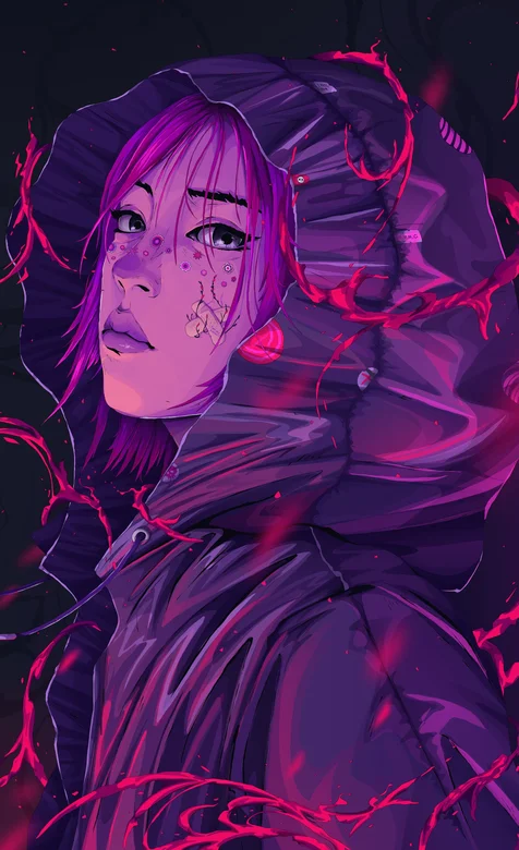 紫色画风、时尚的动漫朋克少女头像插画手机壁纸 – 高清 桌面壁纸 开放版权素材 免费下载 手机电脑通用背景图-iPhone17-1