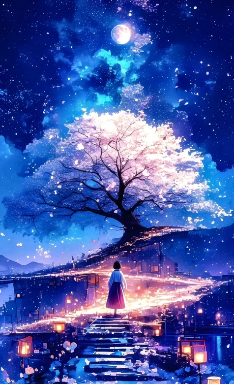 月夜樱花树·女孩背影 唯美梦幻二次元手机壁纸（治愈系） – 高清 桌面壁纸 开放版权素材 免费下载 手机电脑通用背景-iPhone17-1