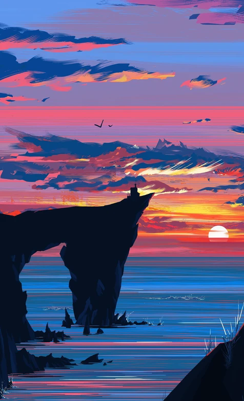 海岸悬崖日落剪影·唯美插画风 超火海岸日落壁纸 – 高清 桌面壁纸 开放版权素材 免费下载 手机电脑通用背景图-iPhone17-1
