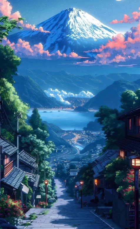 二次元唯美富士山日式小镇月夜 日系静谧风景壁纸 – 高清 桌面壁纸 开放版权素材 免费下载 手机电脑通用背景图-iPhone17-1