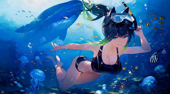 二次元猫耳泳装少女海底探险 唯美动漫风动态电脑壁纸