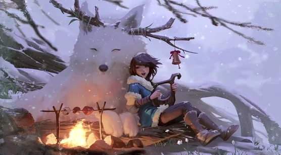 雪地篝火·少女与鹿狼（唯美奇幻原创插画动态电脑壁纸）