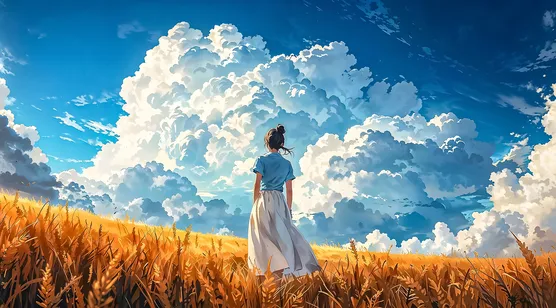 麦田白裙少女·唯美插画风 蓝天云朵治愈系电脑壁纸