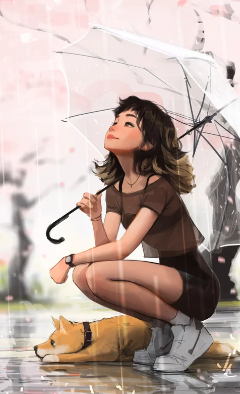 下雨天的少女，撑着把雨伞端在雨中的美少女插画和她的狗狗唯美桌面壁纸 – 高清 桌面壁纸 开放版权素材 免费下载 手机