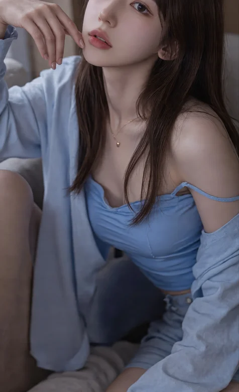 氛围感AI美女，蓝色吊带纯欲风春日少女手机壁纸图片 – 高清 桌面壁纸 开放版权素材 免费下载 手机电脑通用背景图