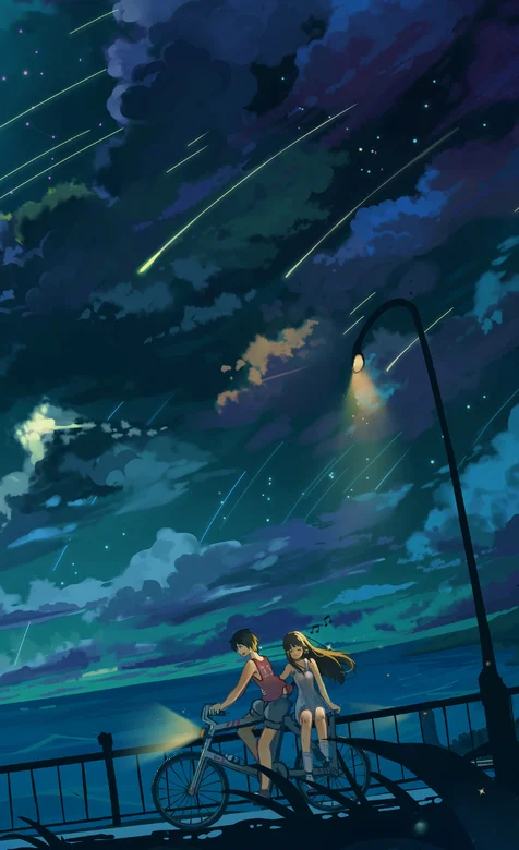 夜晚，流星，乌云，湖边，骑自行车，少男少女 动漫手机壁纸图片 – 高清 桌面壁纸 开放版权素材 免费下载 手机电脑通