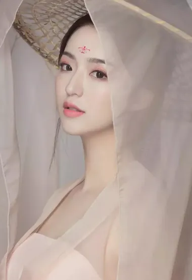 戴着斗笠轻纱的古装美女图片
