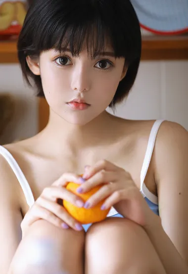 这个妹子太粉嫩了，吊带黄色背心短裤短发少女私房写真