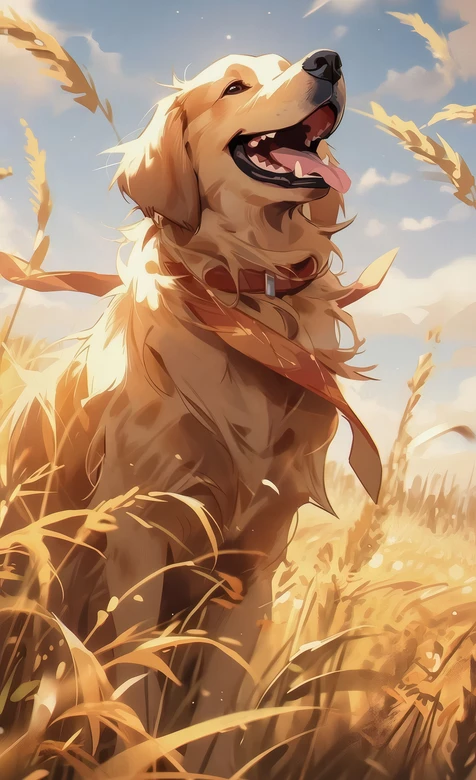 金毛犬·暖系插画风·麦田间治愈系手机壁纸 – 高清 桌面壁纸 开放版权素材 免费下载 手机电脑通用背景图