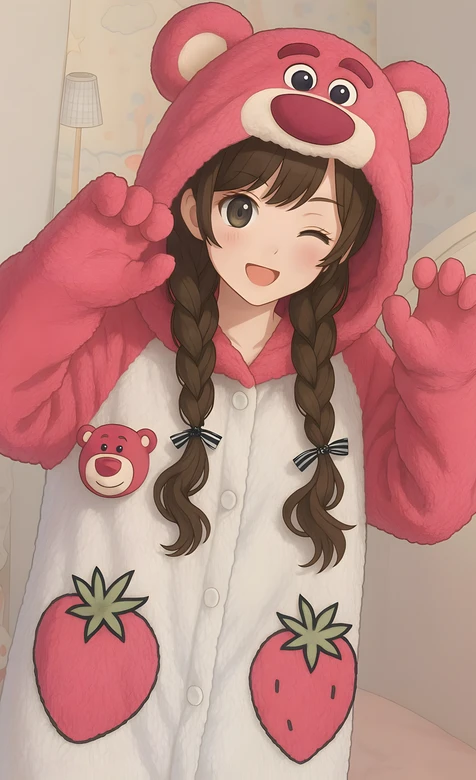 二次元少女·草莓熊睡衣双马尾 软萌治愈插画手机壁纸 – 高清 桌面壁纸 开放版权素材 免费下载 手机电脑通用背景图