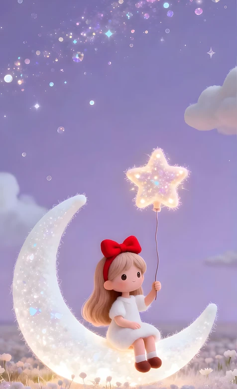卡通少女·红蝴蝶结坐发光月亮 星星气球梦幻花海手机壁纸 – 手机电脑通用背景