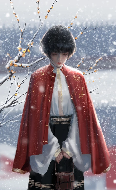 国风短发少女·红斗篷冬雪 唯美古风插画 高适配手机壁纸 – 手机电脑通用背景