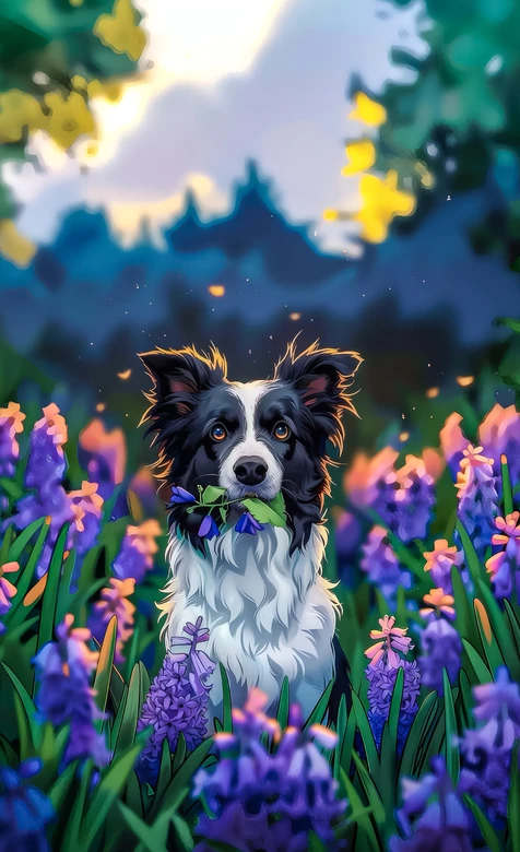 唯美插画风边境牧羊犬·紫色花海治愈系手机壁纸 – 高清 桌面壁纸 开放版权素材 免费下载 手机电脑通用背景图