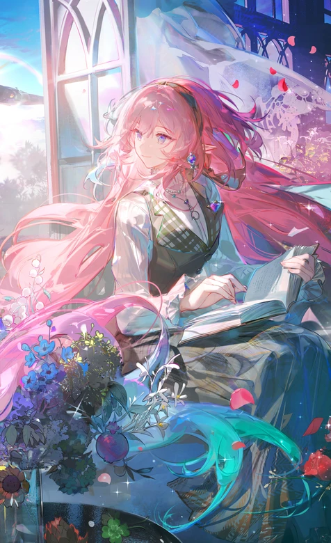 粉色长发少女·花境读书 唯美二次元插画 高人气手机壁纸 – 手机电脑通用背景