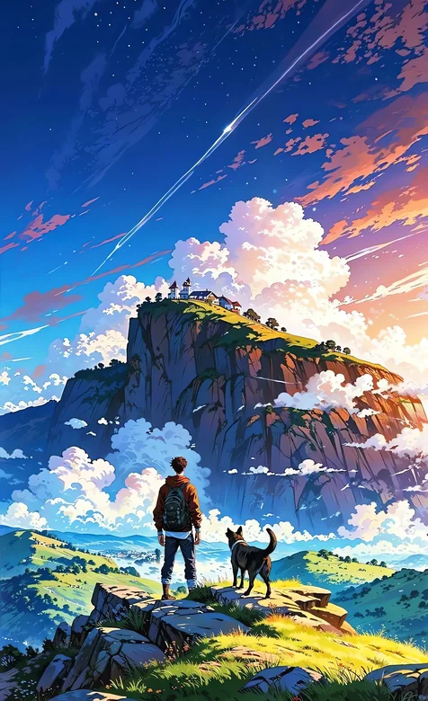 男子与狗山顶望星空云海日落 – 高清 桌面壁纸 开放版权素材 免费下载 手机电脑通用背景图
