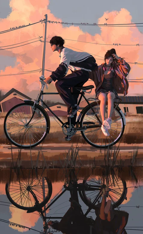 骑着自行车，行驶在乡间田野路上，男生载着女生温馨插画手机壁纸美图 – 高清 桌面壁纸 开放版权素材 免费下载 手机电