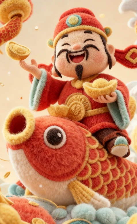 财神·毛绒国风形象 骑锦鲤持金元宝 国潮春节财运手机壁纸 – 高清 桌面壁纸 开放版权素材 免费下载 手机电脑通用背