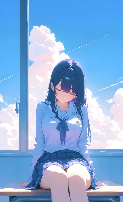 日系唯美校服少女·晴空云海 治愈系动漫风手机壁纸
