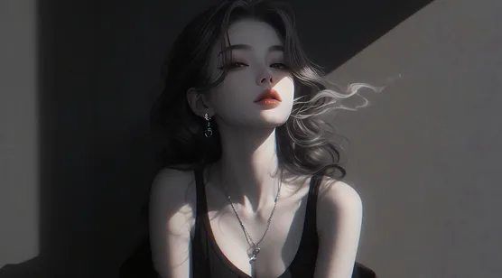 性感女神，身着黑色背心的高颜值气质美女小姐姐AI美图壁纸图片 – 手机电脑通
