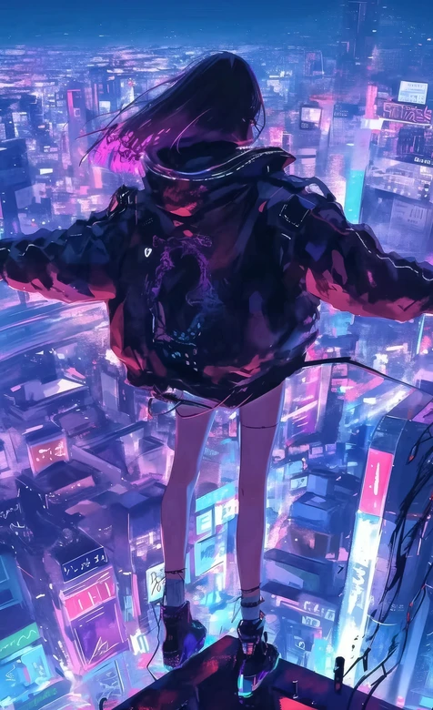 赛博朋克少女俯瞰霓虹都市 二次元赛博朋克风壁纸 – 高清 桌面壁纸 开放版权素材 免费下载 手机电脑通用背景图-iPhone17-1