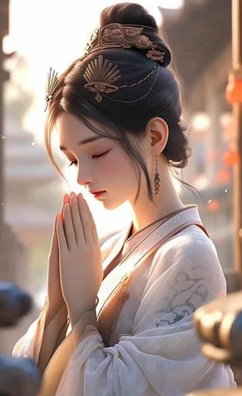 诚心许愿，求佛，拜拜的古风国风AI动漫妇女手机壁纸图片 – 高清 桌面壁纸 开放版权素材 免费下载 手机电脑通用背景-iPhone17-1