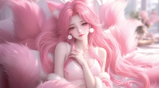粉色狐耳九尾少女·唯美梦幻 二次元动态电脑壁纸 – 高清 桌面壁纸 开放版权素材 免费下载 手机电脑通用背景图