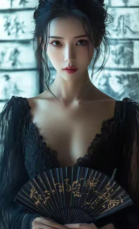 冷艳美女，拿着黑色折扇，身着深V黑裙的古装AI美女手机壁纸图片 – 手机电脑