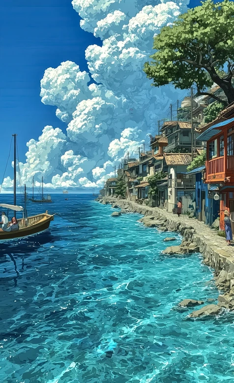 日系唯美滨海渔村古街 清新海景手机壁纸 – 高清 桌面壁纸 开放版权素材 免费下载 手机电脑通用背景图-iPhone17-1