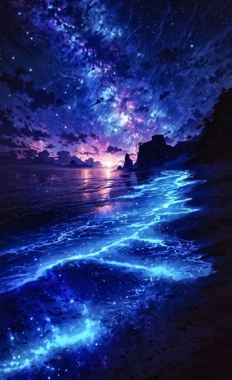 海岸星空荧光浪·梦幻星云 唯美治愈超美夜景手机壁纸 – 高清 桌面壁纸 开放版权素材 免费下载 手机电脑通用背景图-iPhone17-1