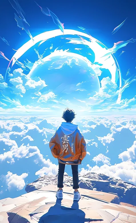 穿橙色连帽衫少年云海悬崖望蓝色天空巨大星球 动漫风 – 高清 桌面壁纸 开放版权素材 免费下载 手机电脑通用背景图
