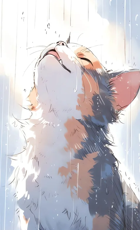 三花猫抬头淋雨 治愈系插画雨中猫咪手机壁纸 – 高清 桌面壁纸 开放版权素材 免费下载 手机电脑通用背景图