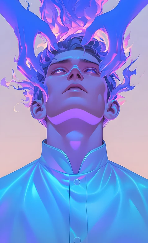 神秘人物·霓虹火焰双掌抚头 赛博渐变风热门手机壁纸 – 高清 桌面壁纸 开放版权素材 免费下载 手机电脑通用背景图-iPhone17-1
