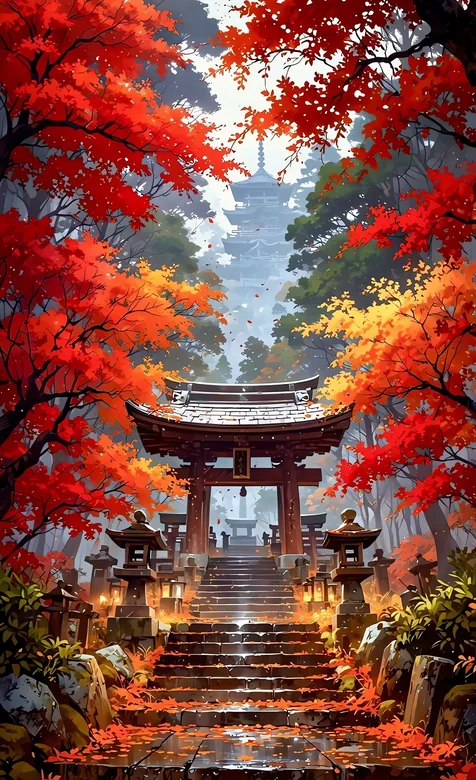 日本红叶季 鸟居石阶与古塔秋景图 – 高清 桌面壁纸 开放版权素材 免费下载 手机电脑通用背景图