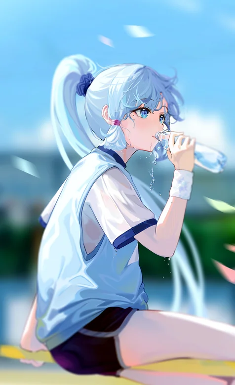 运动场上双马尾、穿着运动装喝矿泉水的动漫美女插画夏日手机壁纸 – 手机电脑通