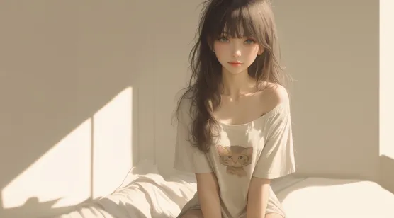 窗户，阳光，坐在床上，穿着小猫图案T恤衫的刘海卷发发型AI美女好看桌面壁纸 – 免费下