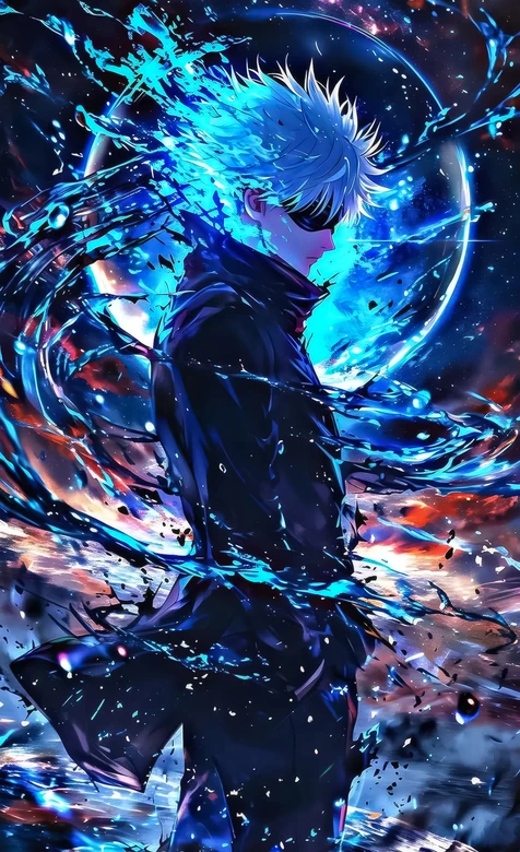 五条悟·蓝焰能量炸裂 炫彩科幻风 咒术回战动漫高燃壁纸 – 手机电脑通用背景