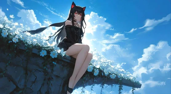 猫耳娘·黑裙红瞳 唯美二次元动漫动态电脑壁纸 – 高清 桌面壁纸 开放版权素材 免费下载 手机电脑通用背景图