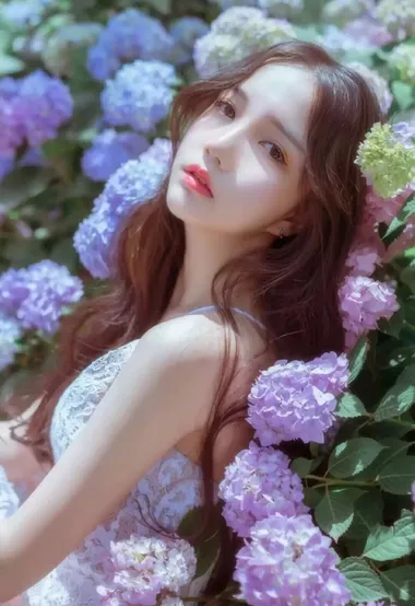 人比花娇，依偎在绣球花前的新娘装美女图片