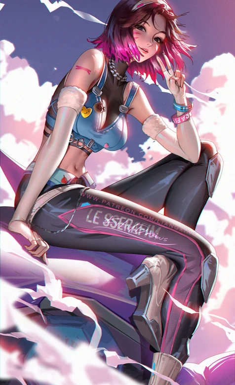 粉色短发动漫少女 蓝色吊带装 天空云朵背景 二次元插画 – 高清 桌面壁纸 开放版权素材 免费下载 手机电脑通用背景