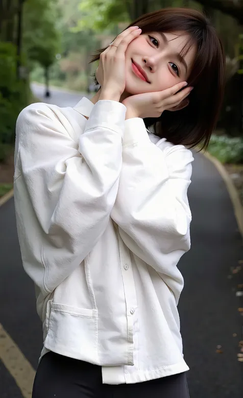 林间少女，双手托腮，身着紧身裤的可爱短发美少女晨跑AI手机美图壁纸 – 手机