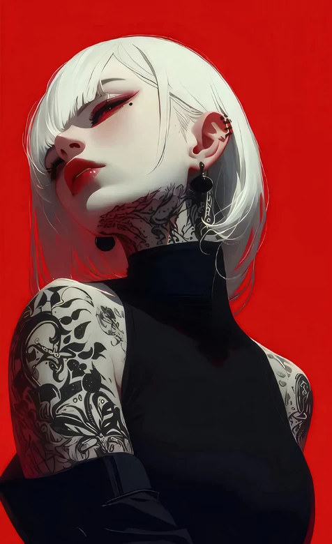 白发纹身少女·暗黑风 个性纹身手机壁纸 – 高清 桌面壁纸 开放版权素材 免费下载 手机电脑通用背景图-iPhone17-1