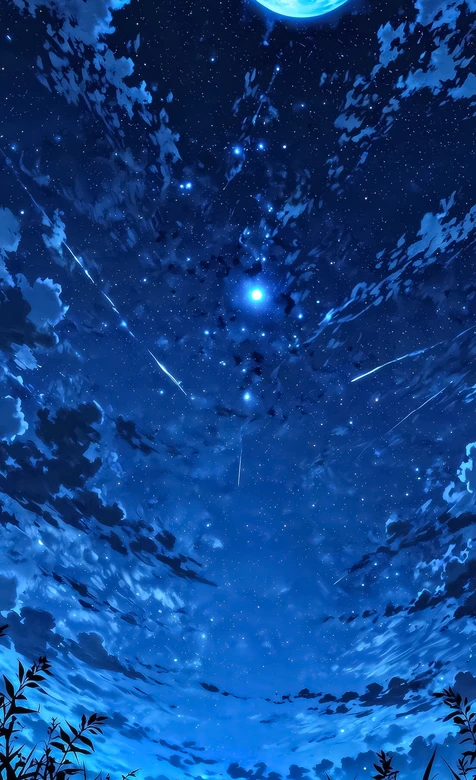 星空月夜流星草甸·唯美二次元动漫插画 治愈蓝调壁纸 – 高清 桌面壁纸 开放版权素材 免费下载 手机电脑通用背景图
